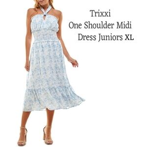 NWT Trixxi Blue FLORAL Chiffon One Shoulder Midi Dress Juniors XL